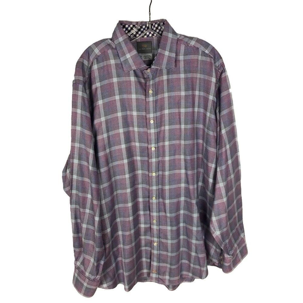 Thomas Dean Mens XXL/TTG Long Sleeve Button-Front 100% Cotton Purple Check Shirt